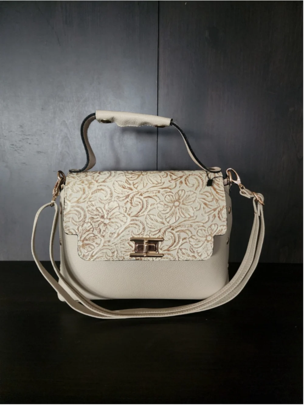 Off White Ivory Floral Studded Embossed Artisan LEATHER Purse Handbag Crossbody